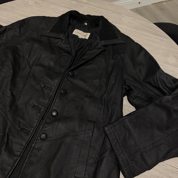 Club Donna Pelle 100% Leather Long Trench Coat Jacket Black SMALL Velvet Collar - Picture 5 of 10